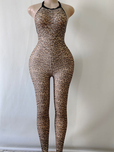 Leopard print series women's skin color print leopard print jumpsuit stockings sexy lingerie mesh clothing