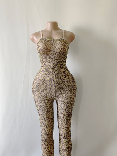 Leopard print series women's skin color print leopard print jumpsuit stockings sexy lingerie mesh clothing